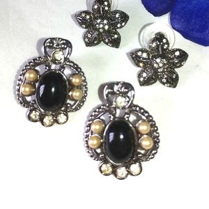 🦋 1980s PIERCED EARRINGS - FAUX ONYX & MARCASITE - 2 PAIR BUNDLE